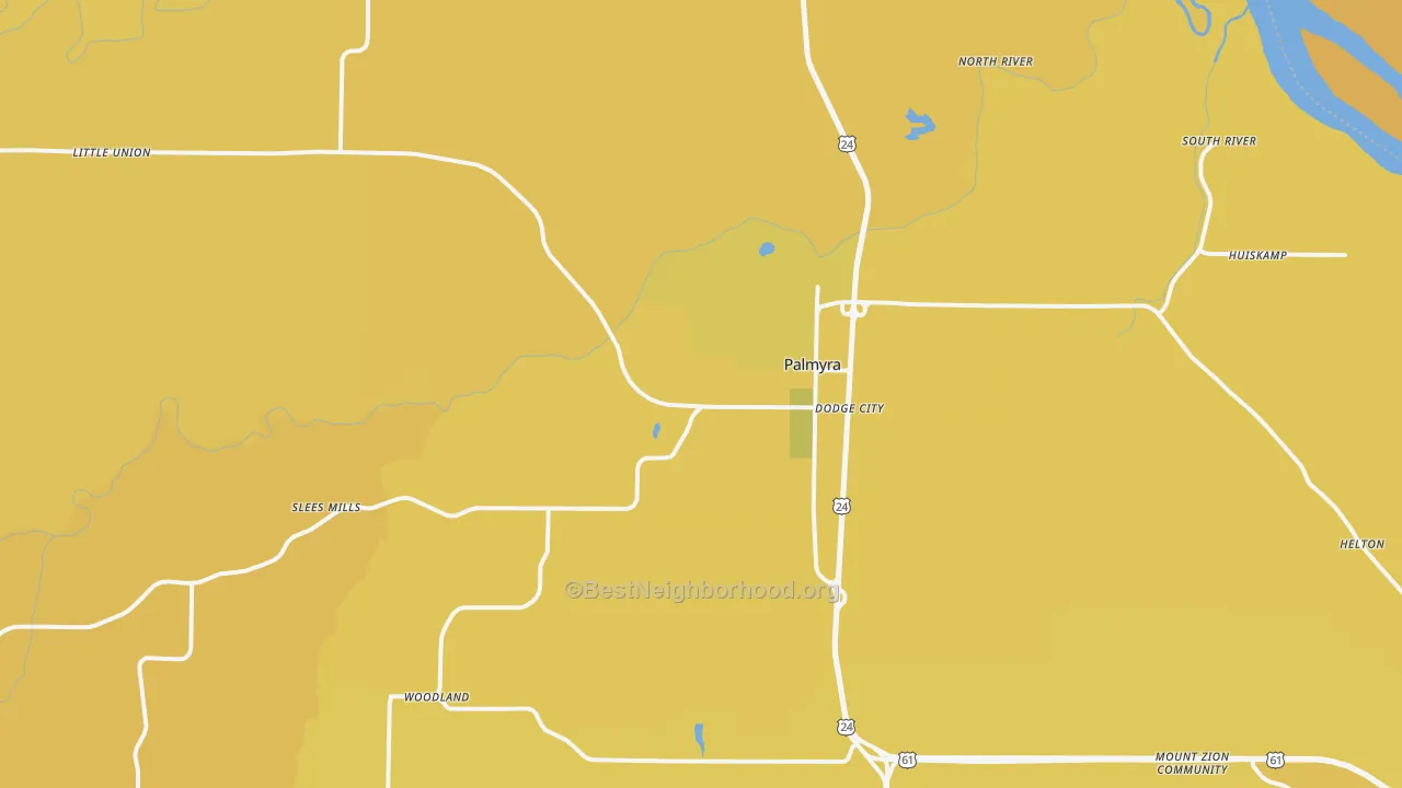 Map of the best neighborhoods in the 63461 area, with better matches in green and worse matches in red