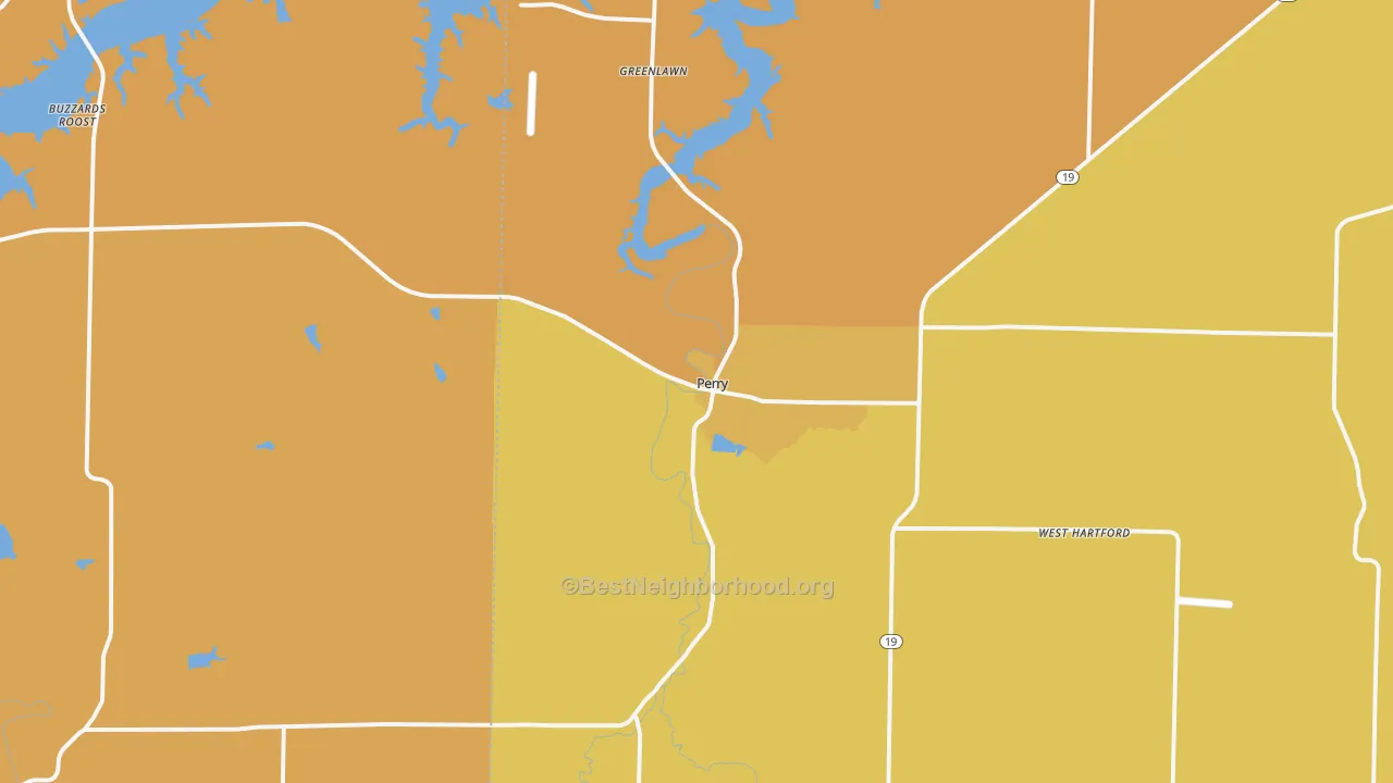 Map of the best neighborhoods in the 63462 area, with better matches in green and worse matches in red