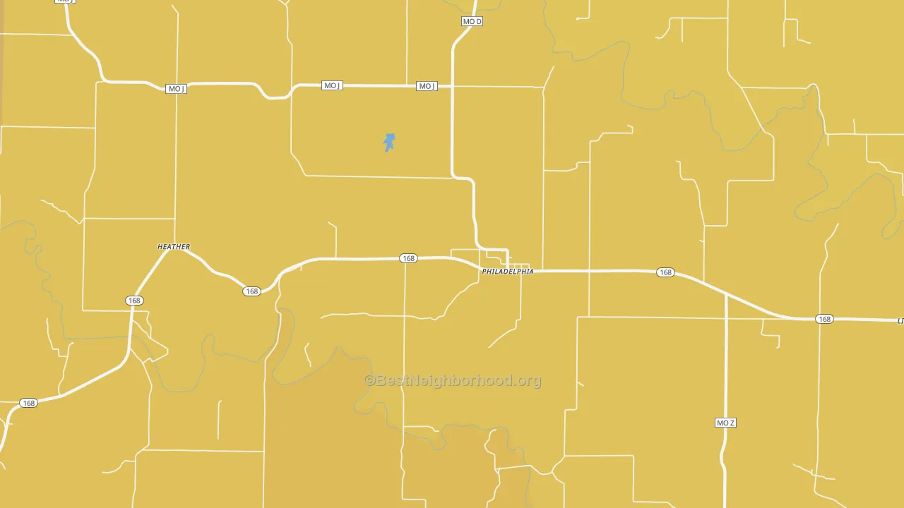 Map of the best neighborhoods in the 63463 area, with better matches in green and worse matches in red