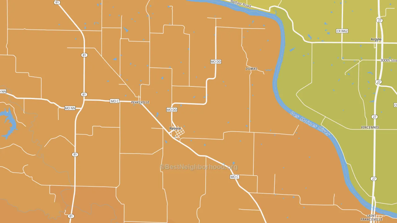 Map of the best neighborhoods in the 63465 area, with better matches in green and worse matches in red