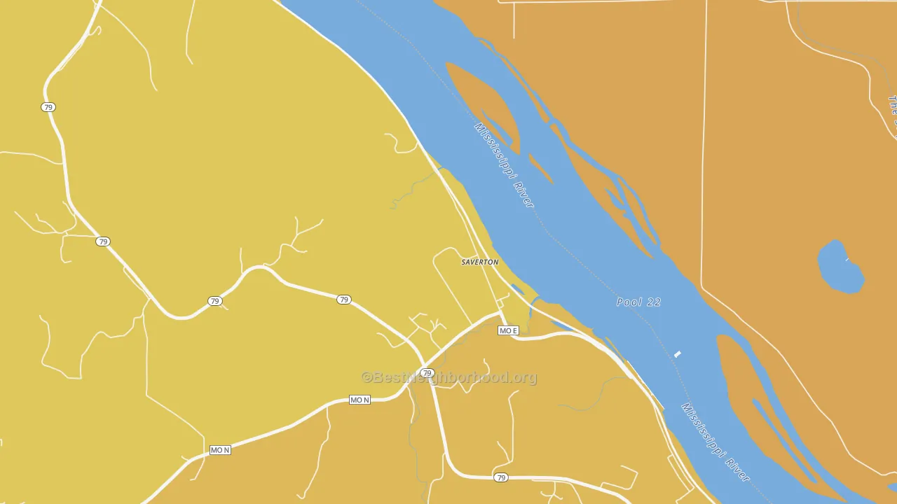 Map of the best neighborhoods in the 63467 area, with better matches in green and worse matches in red