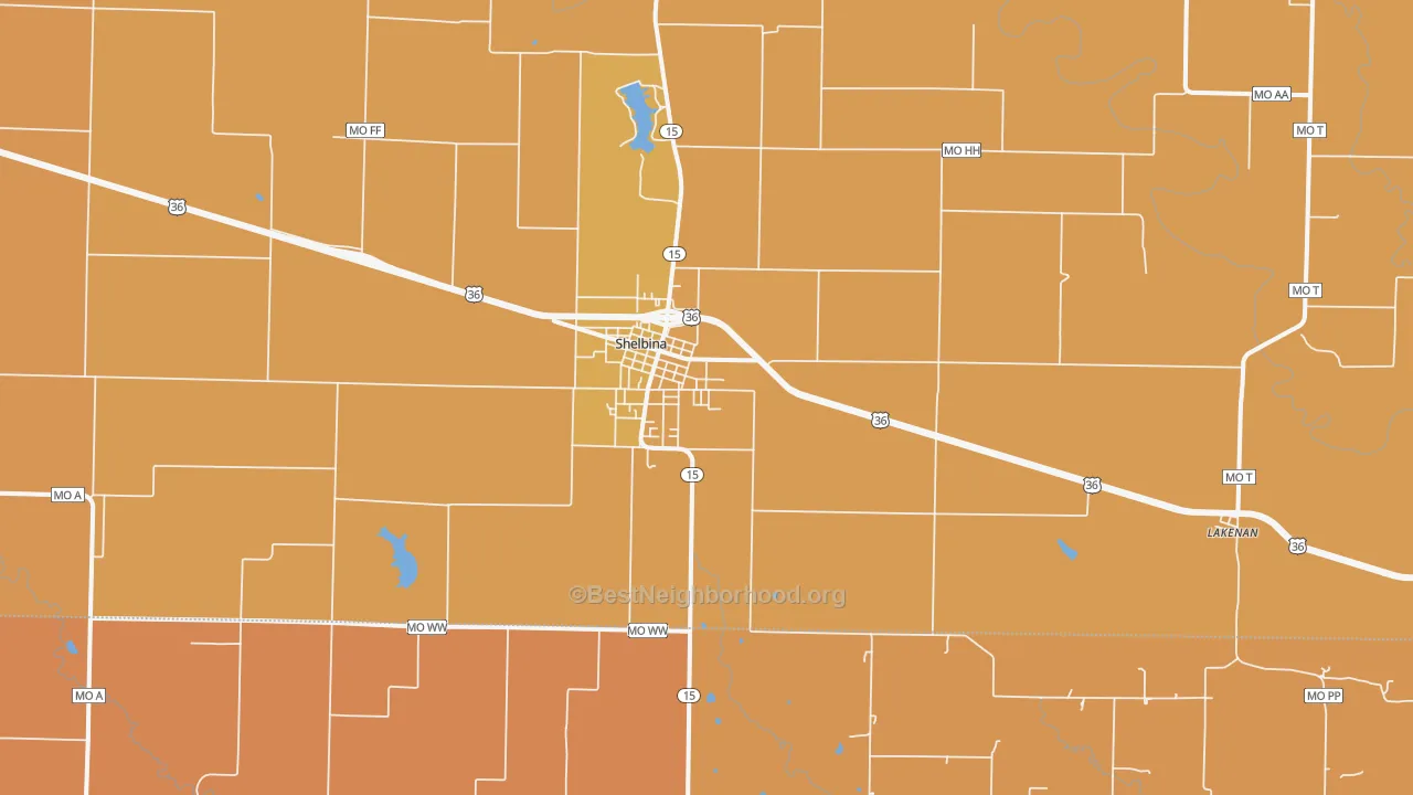 Map of the best neighborhoods in the 63468 area, with better matches in green and worse matches in red