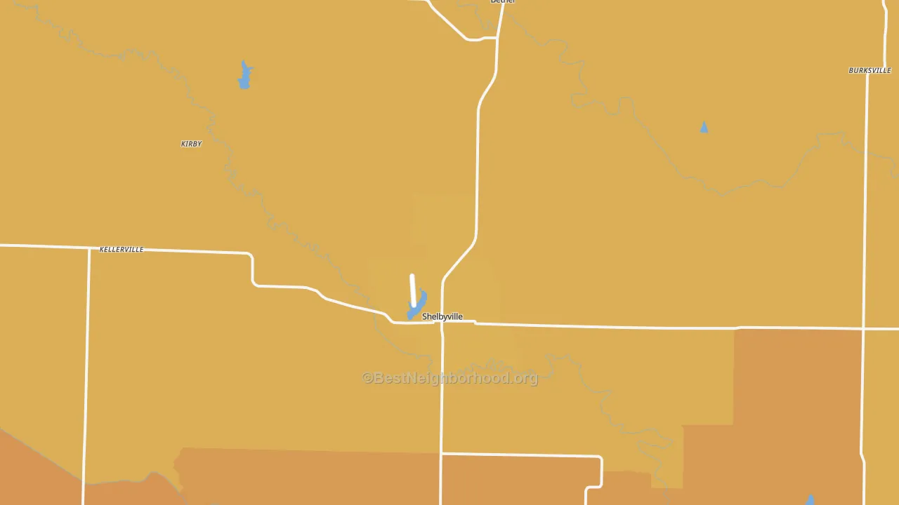 Map of the best neighborhoods in the 63469 area, with better matches in green and worse matches in red