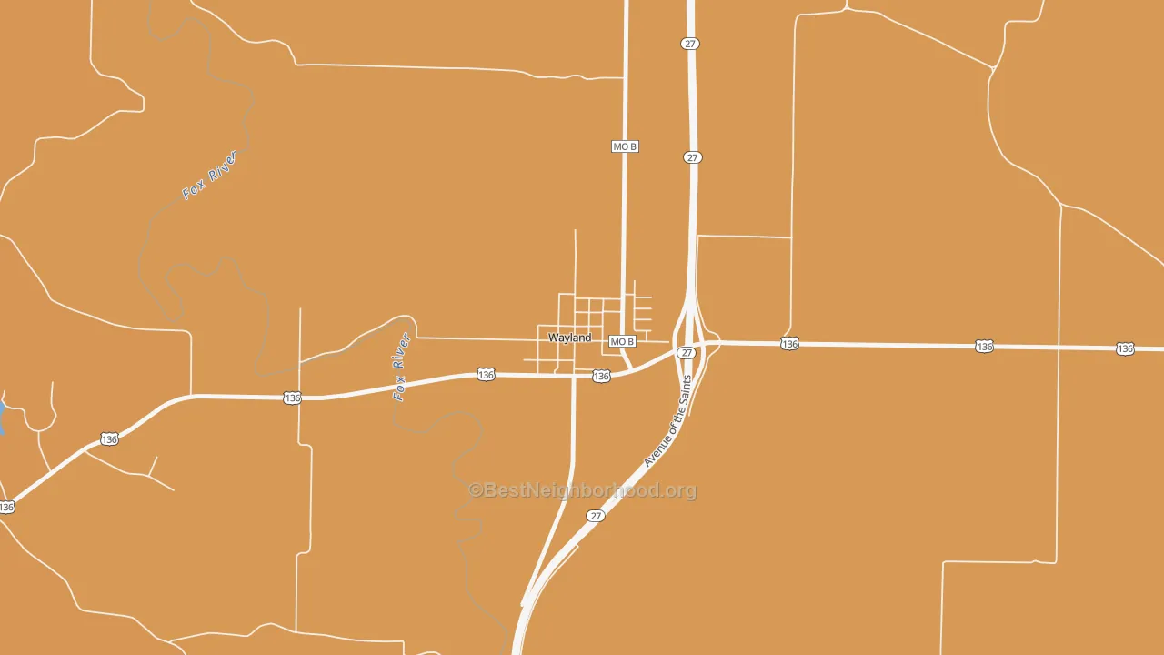 Map of the best neighborhoods in the 63472 area, with better matches in green and worse matches in red