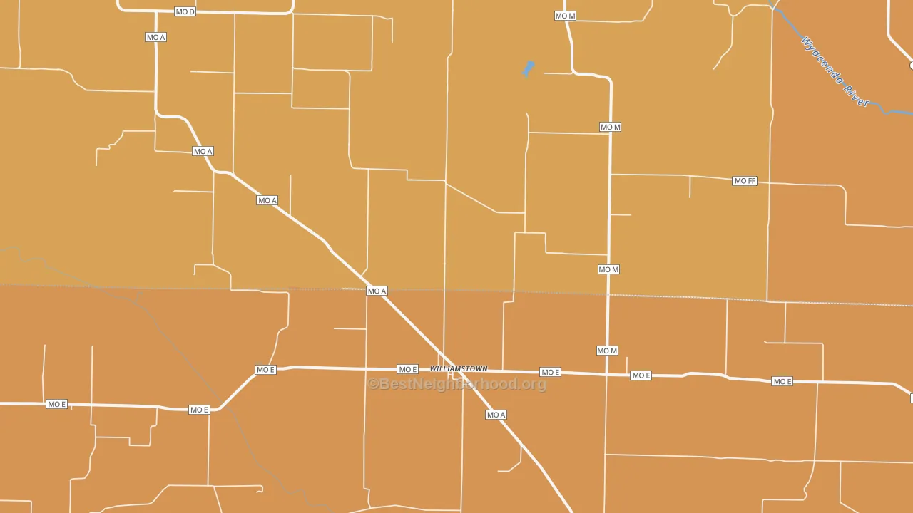Map of the best neighborhoods in the 63473 area, with better matches in green and worse matches in red