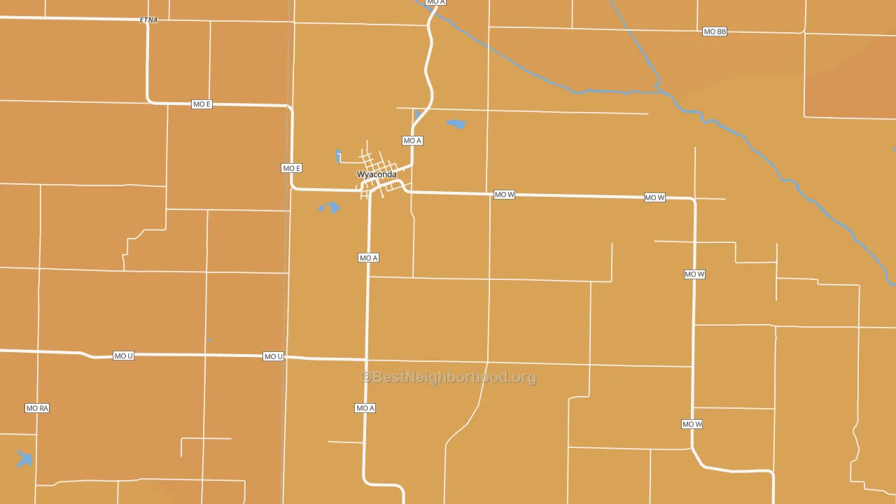 Map of the best neighborhoods in the 63474 area, with better matches in green and worse matches in red