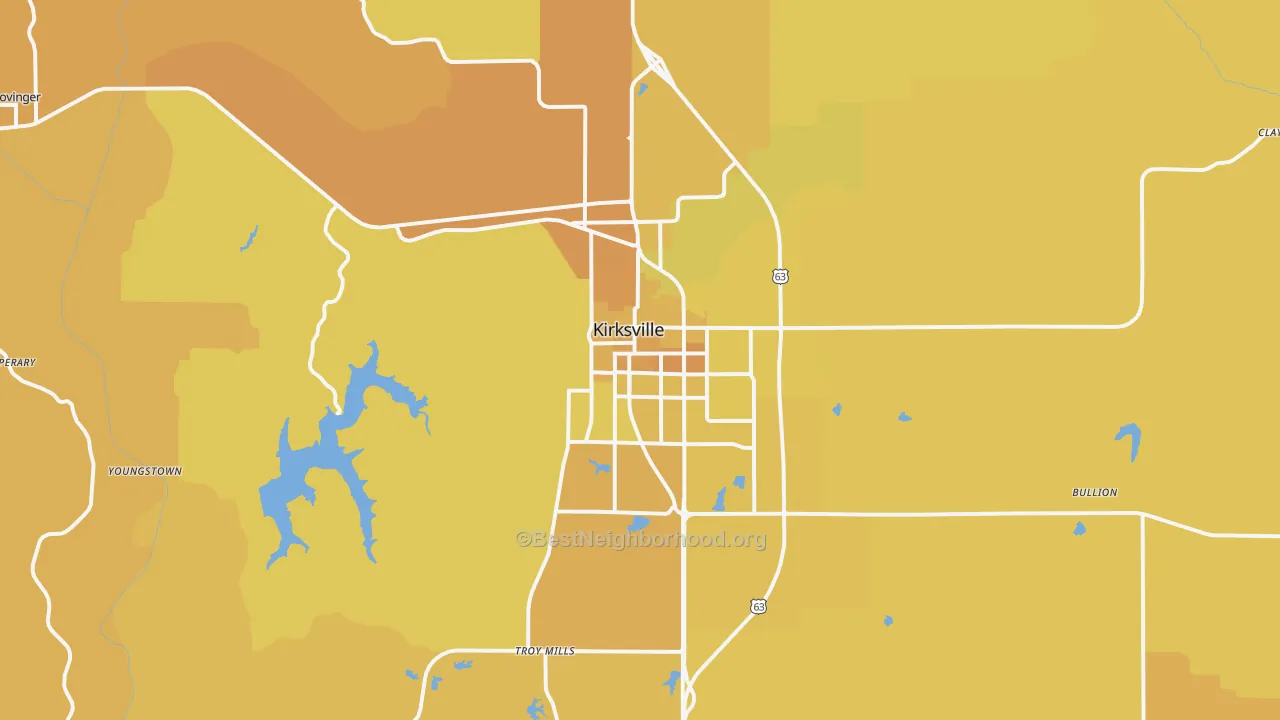 Map of the best neighborhoods in the 63501 area, with better matches in green and worse matches in red