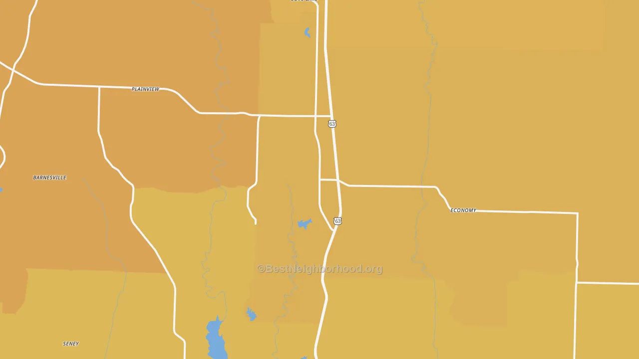 Map of the best neighborhoods in the 63530 area, with better matches in green and worse matches in red