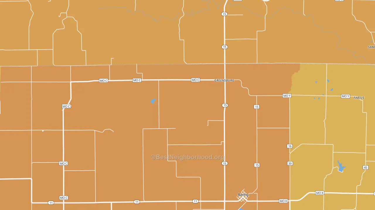 Map of the best neighborhoods in the 63531 area, with better matches in green and worse matches in red