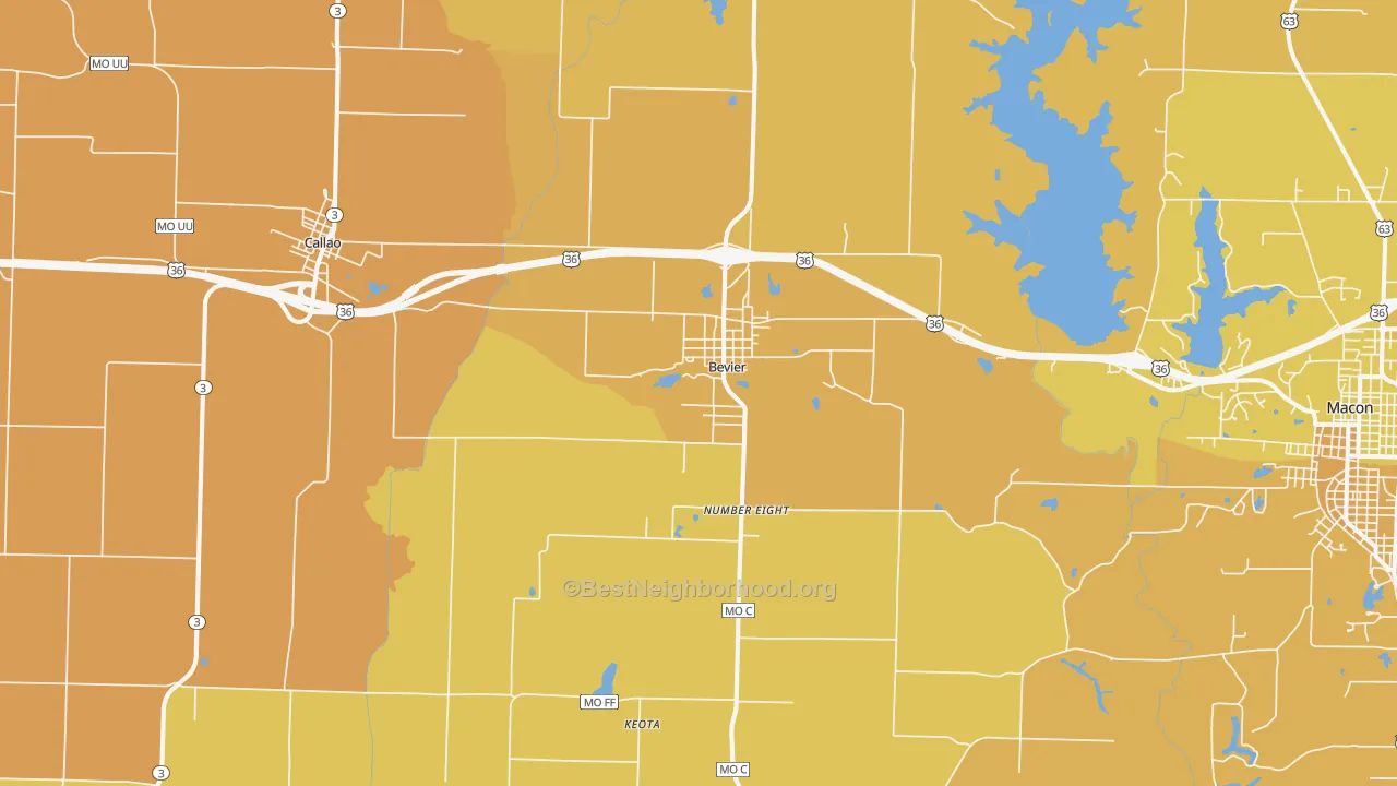 Map of the best neighborhoods in the 63532 area, with better matches in green and worse matches in red