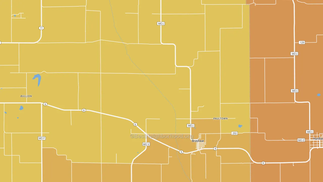 Map of the best neighborhoods in the 63533 area, with better matches in green and worse matches in red