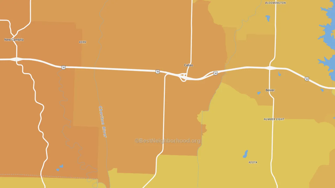 Map of the best neighborhoods in the 63534 area, with better matches in green and worse matches in red