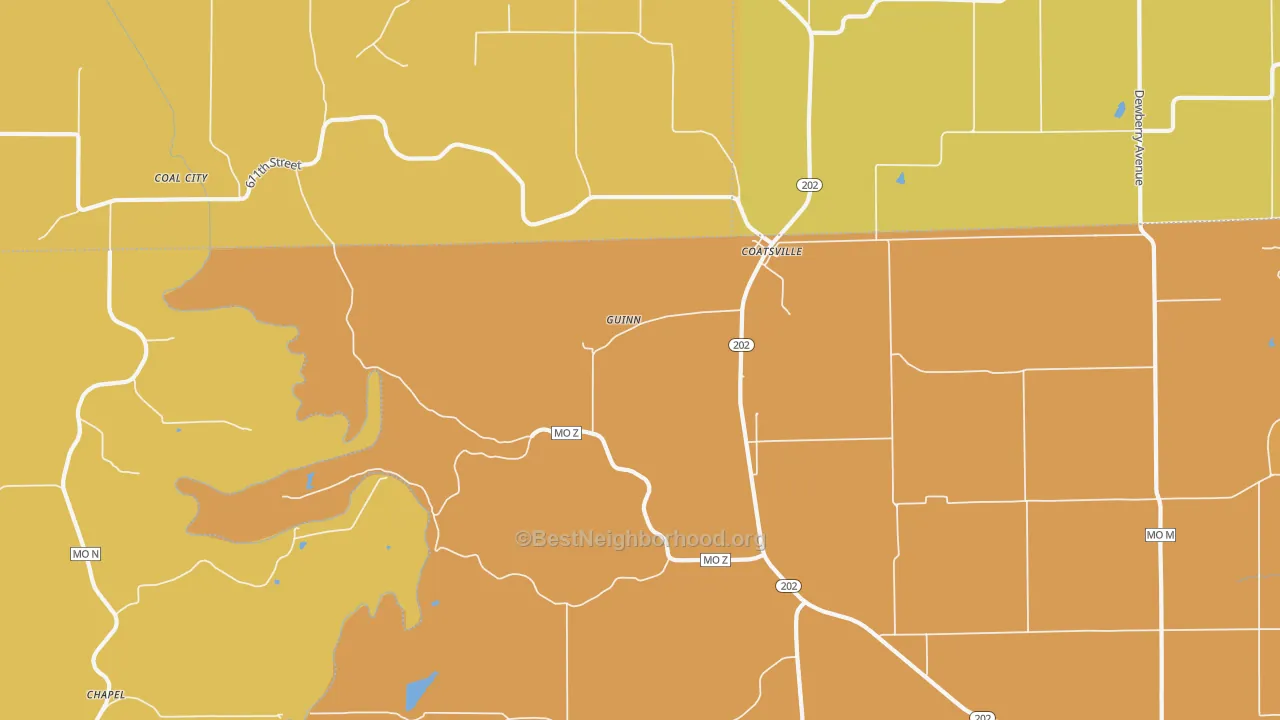 Map of the best neighborhoods in the 63535 area, with better matches in green and worse matches in red