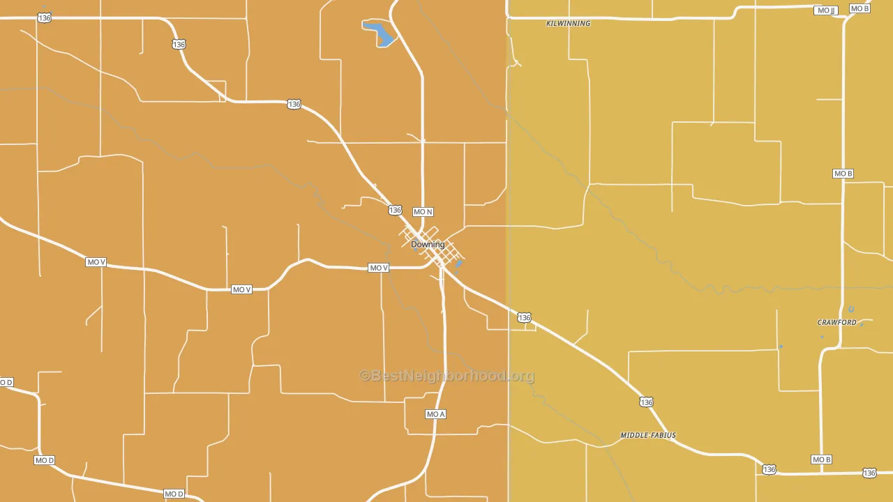 Map of the best neighborhoods in the 63536 area, with better matches in green and worse matches in red