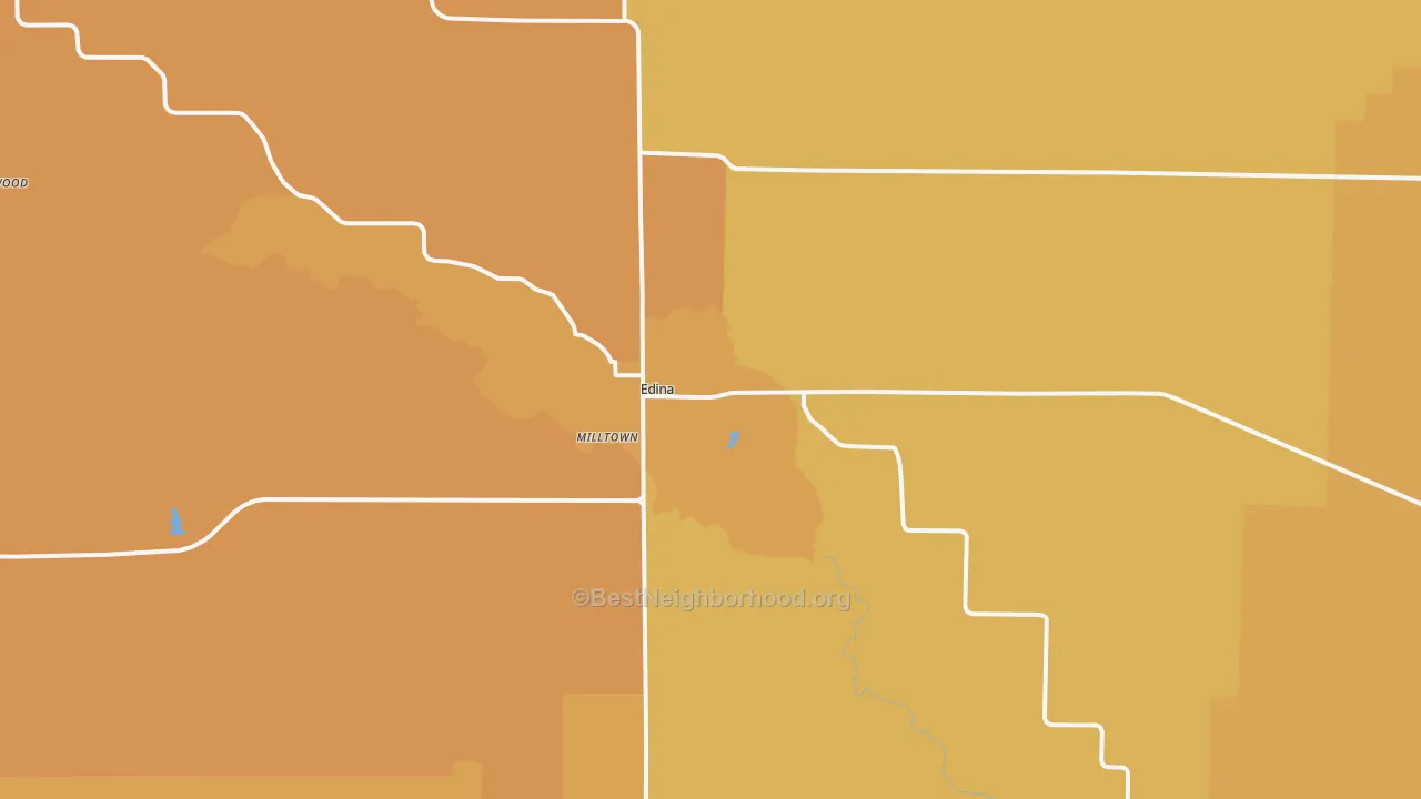 Map of the best neighborhoods in the 63537 area, with better matches in green and worse matches in red