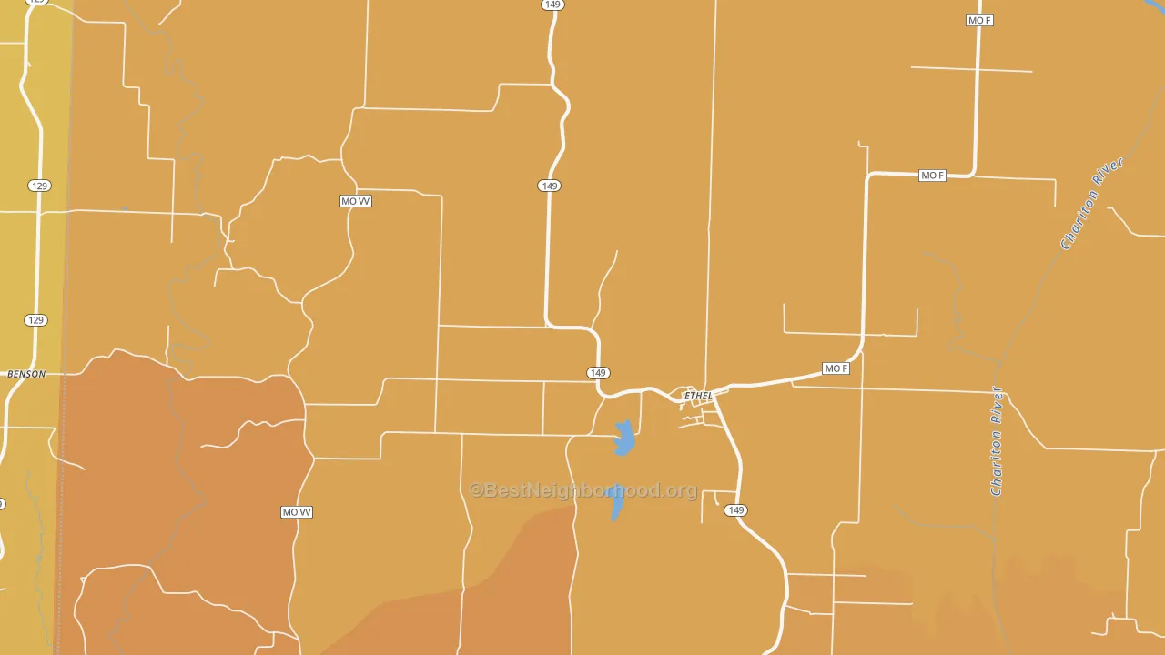 Map of the best neighborhoods in the 63539 area, with better matches in green and worse matches in red