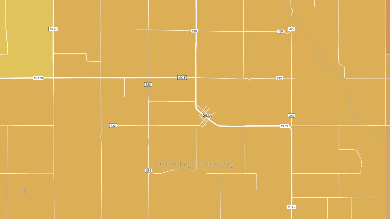 Map of the best neighborhoods in the 63540 area, with better matches in green and worse matches in red