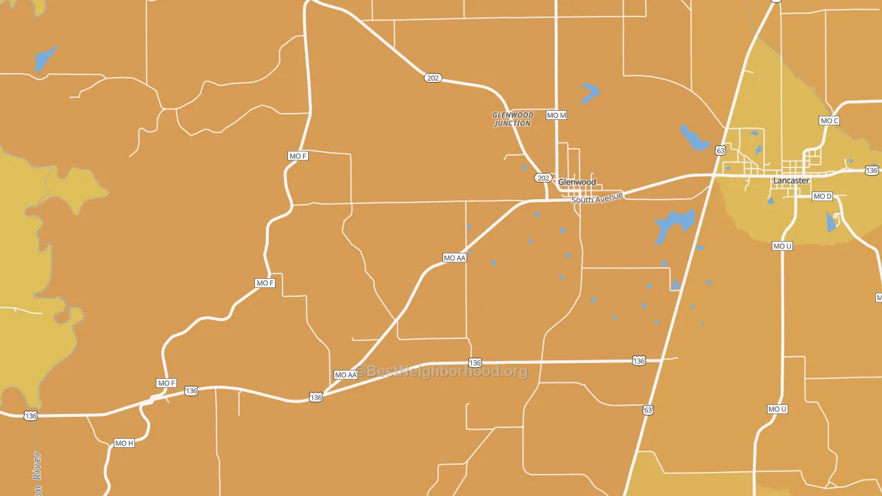 Map of the best neighborhoods in the 63541 area, with better matches in green and worse matches in red