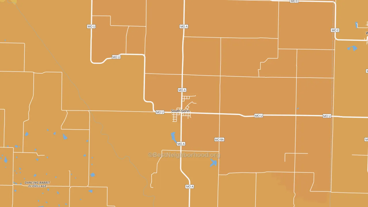Map of the best neighborhoods in the 63543 area, with better matches in green and worse matches in red