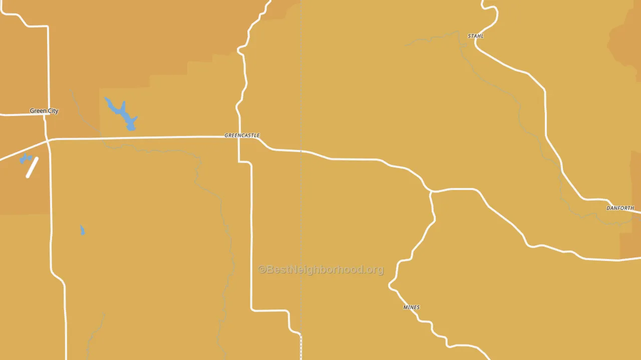 Map of the best neighborhoods in the 63544 area, with better matches in green and worse matches in red
