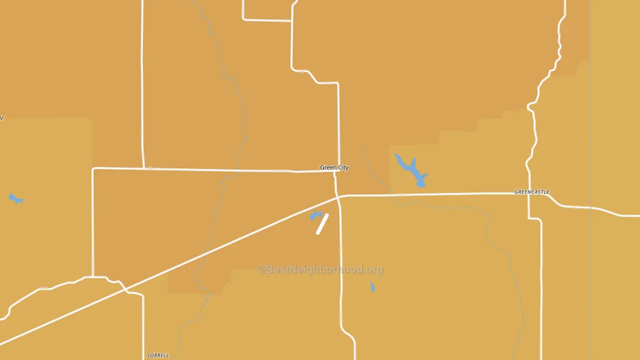Map of the best neighborhoods in the 63545 area, with better matches in green and worse matches in red