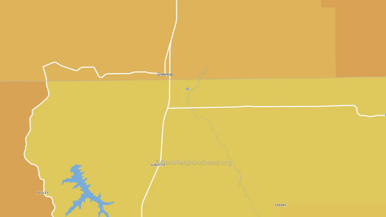 Map of the best neighborhoods in the 63546 area, with better matches in green and worse matches in red