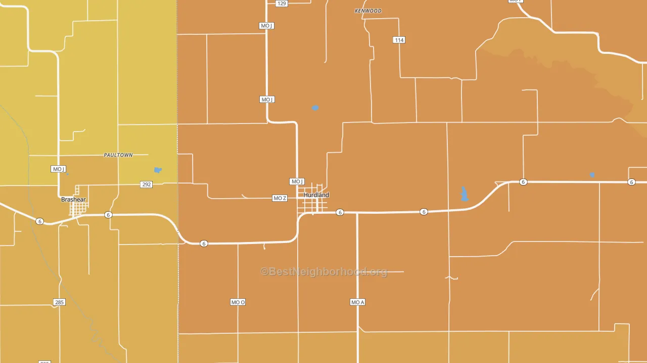 Map of the best neighborhoods in the 63547 area, with better matches in green and worse matches in red