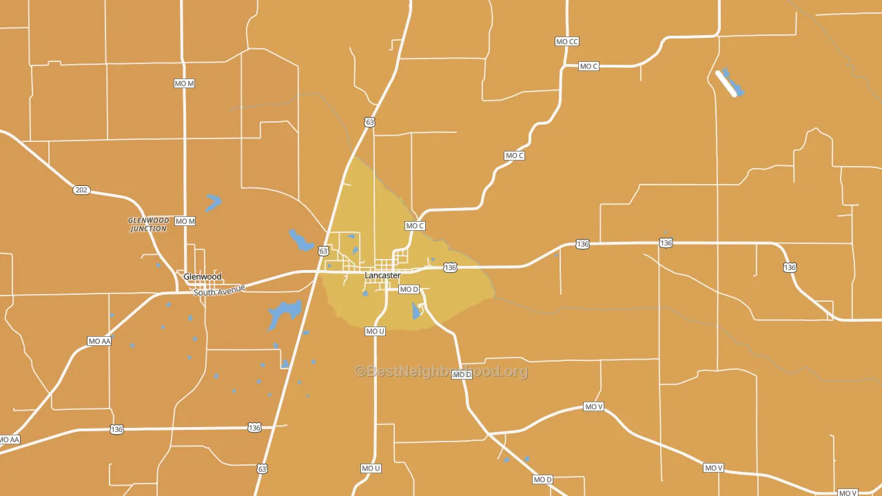 Map of the best neighborhoods in the 63548 area, with better matches in green and worse matches in red
