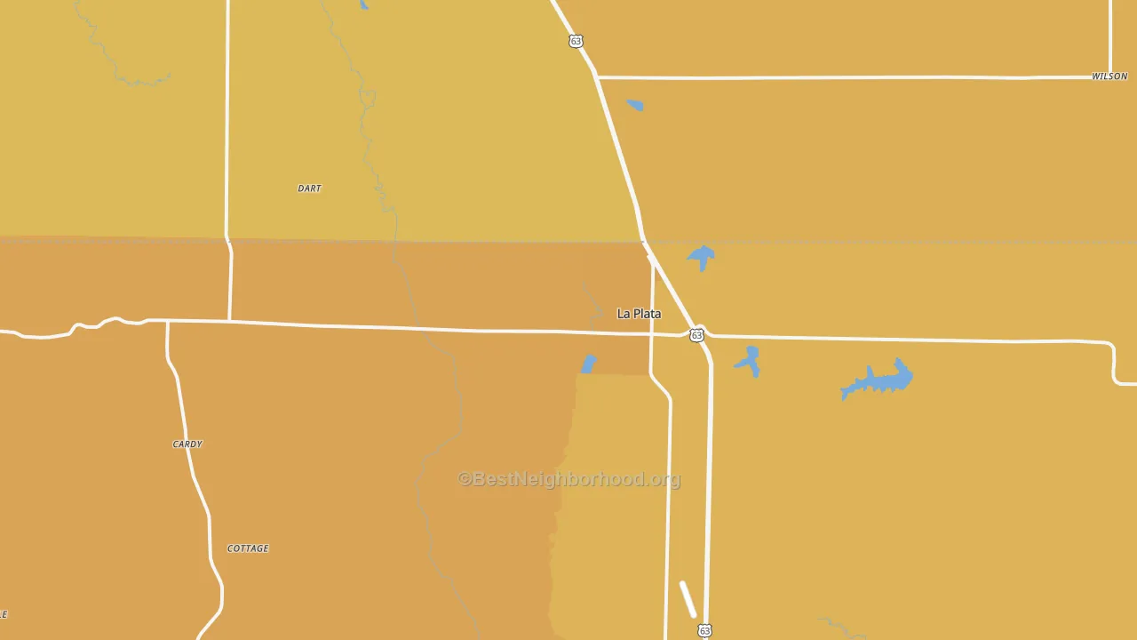 Map of the best neighborhoods in the 63549 area, with better matches in green and worse matches in red