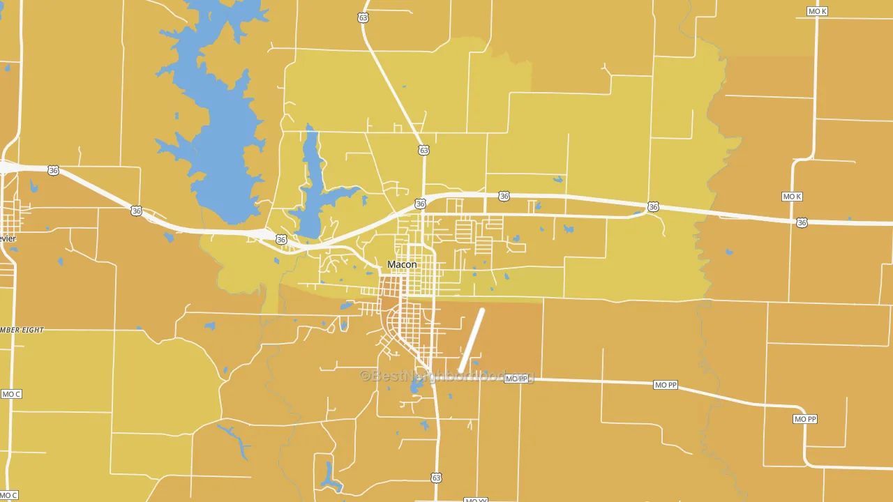 Map of the best neighborhoods in the 63552 area, with better matches in green and worse matches in red