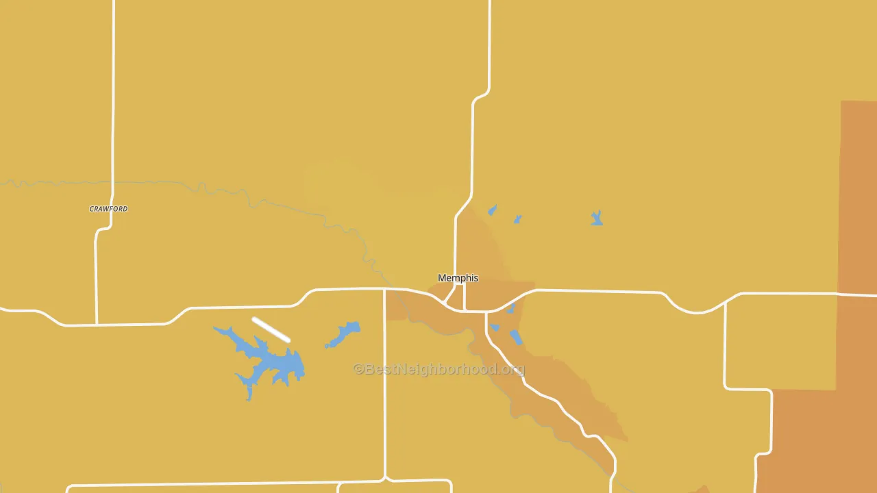 Map of the best neighborhoods in the 63555 area, with better matches in green and worse matches in red