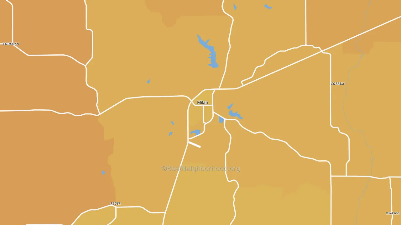 Map of the best neighborhoods in the 63556 area, with better matches in green and worse matches in red