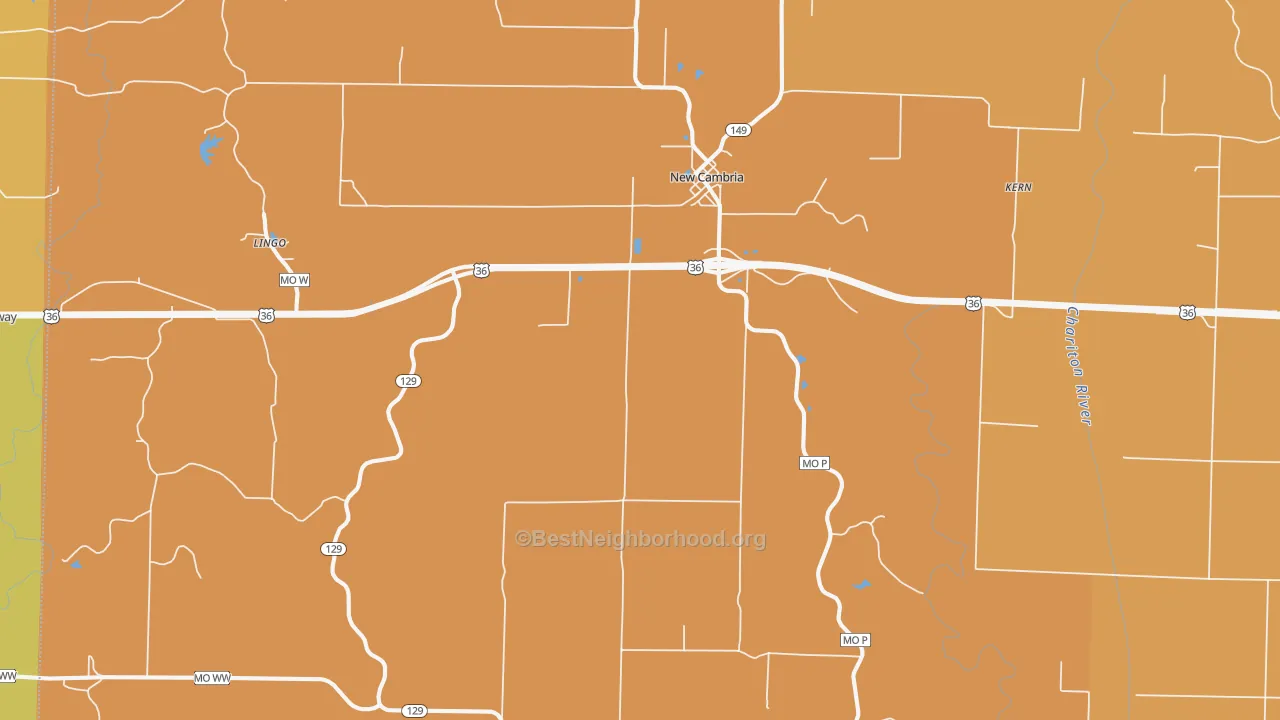 Map of the best neighborhoods in the 63558 area, with better matches in green and worse matches in red
