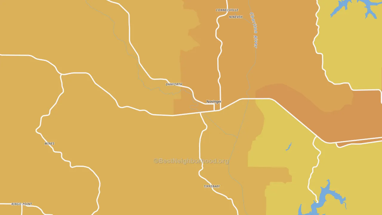 Map of the best neighborhoods in the 63559 area, with better matches in green and worse matches in red