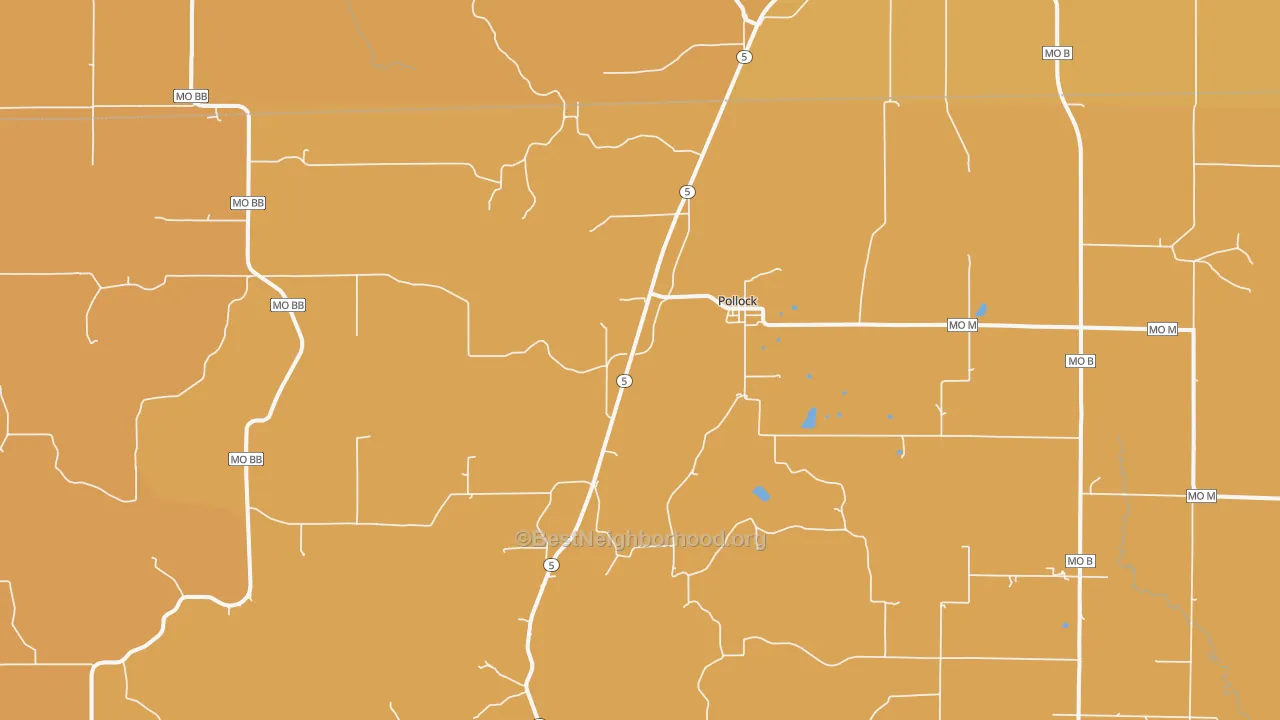 Map of the best neighborhoods in the 63560 area, with better matches in green and worse matches in red