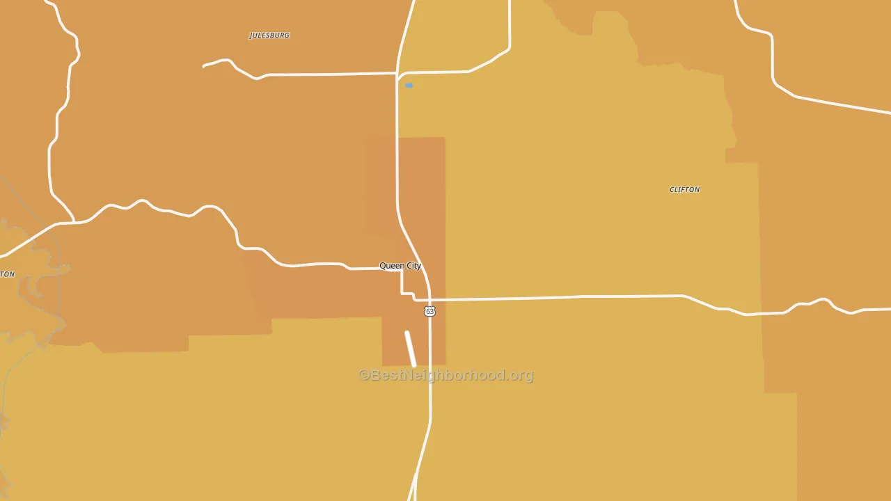 Map of the best neighborhoods in the 63561 area, with better matches in green and worse matches in red