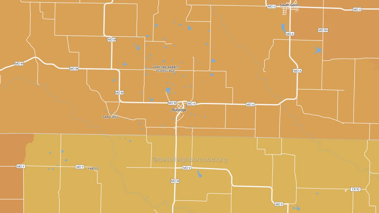 Map of the best neighborhoods in the 63563 area, with better matches in green and worse matches in red