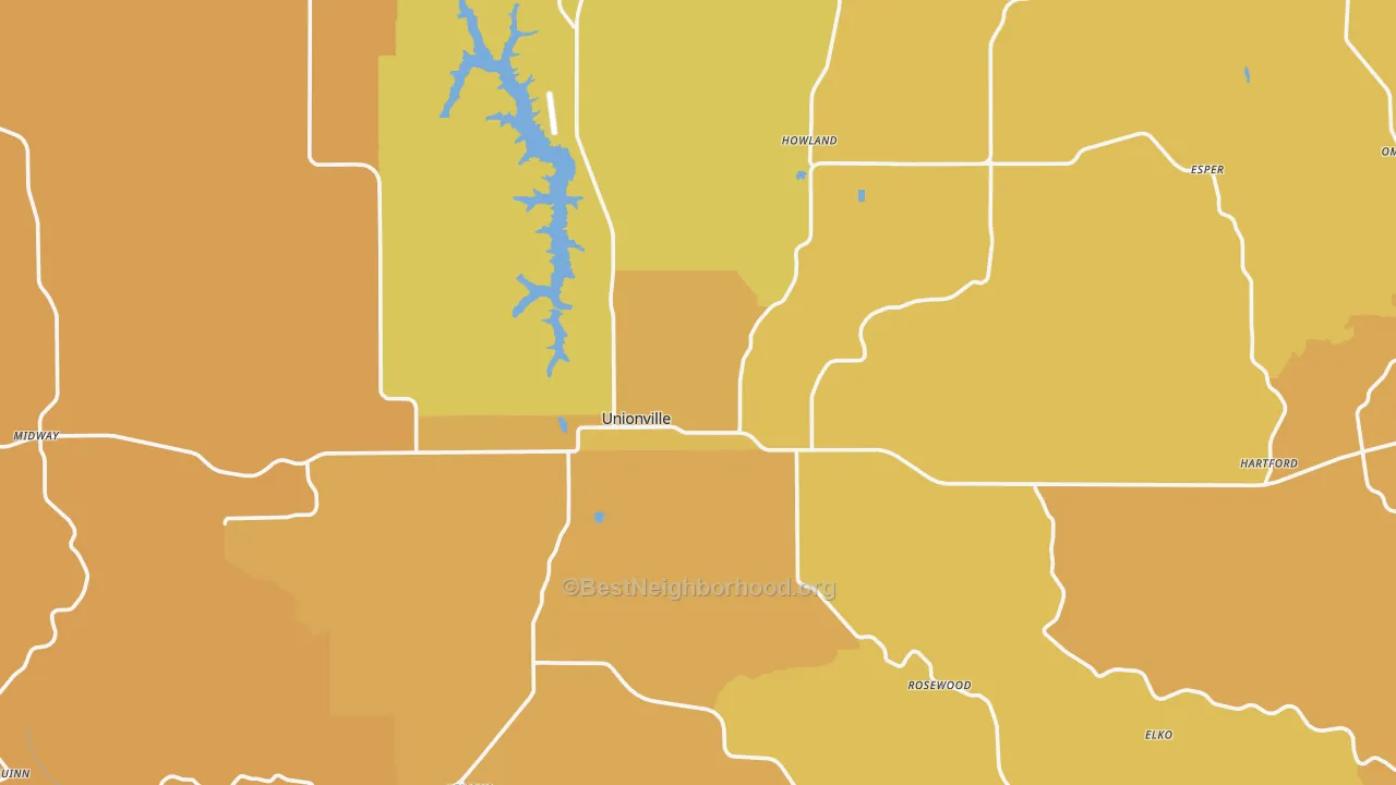 Map of the best neighborhoods in the 63565 area, with better matches in green and worse matches in red