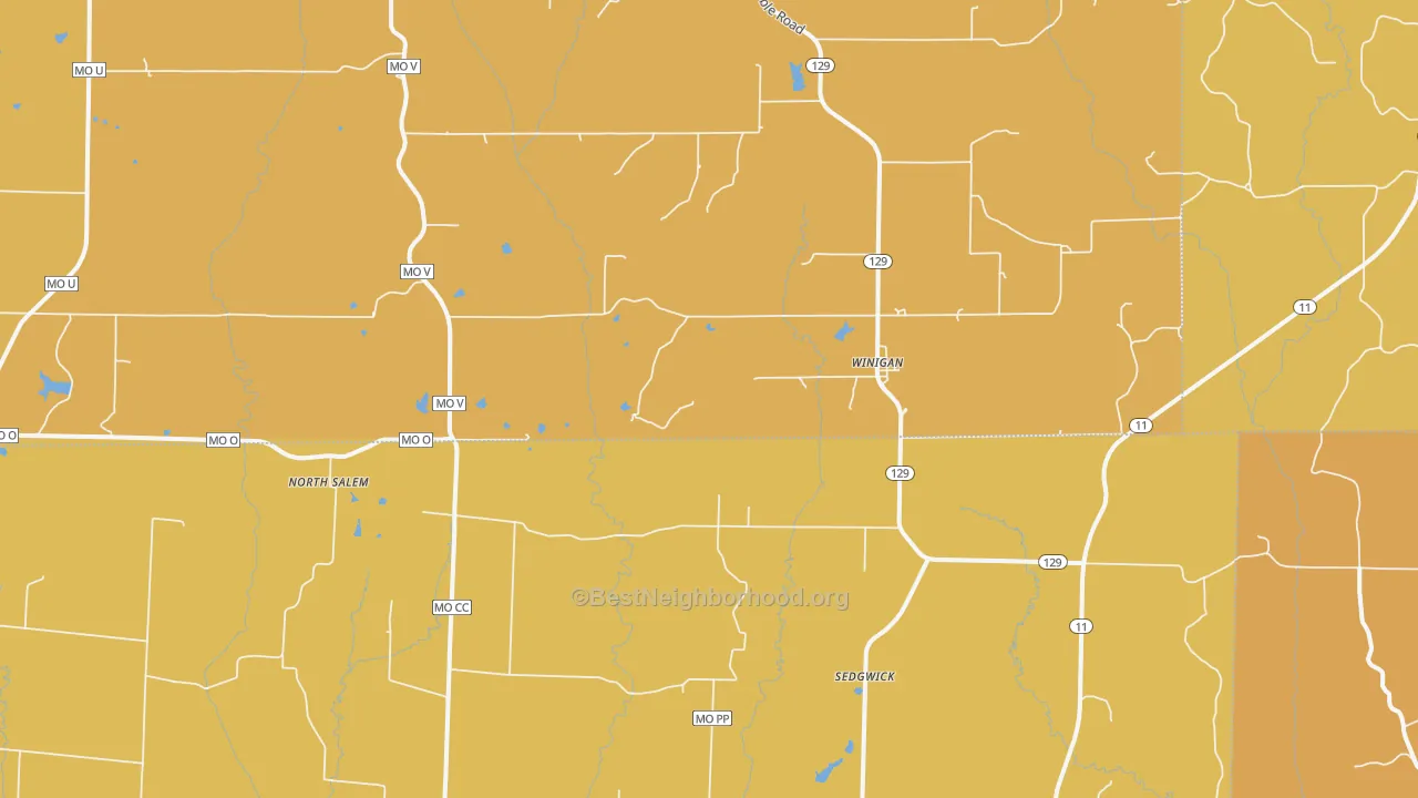 Map of the best neighborhoods in the 63566 area, with better matches in green and worse matches in red