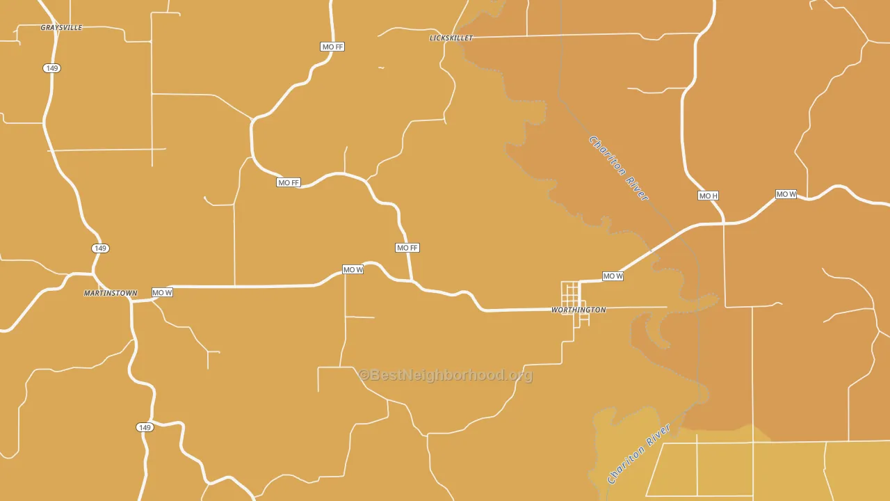 Map of the best neighborhoods in the 63567 area, with better matches in green and worse matches in red