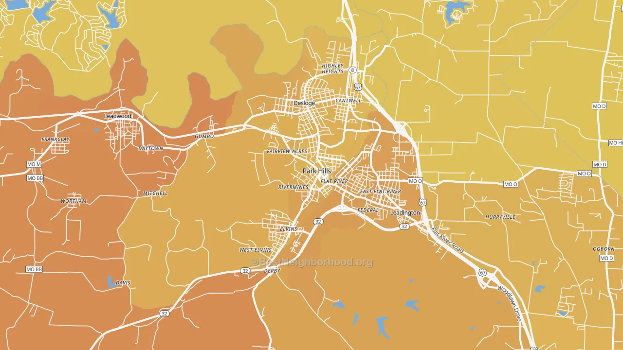 Map of the best neighborhoods in the 63601 area, with better matches in green and worse matches in red