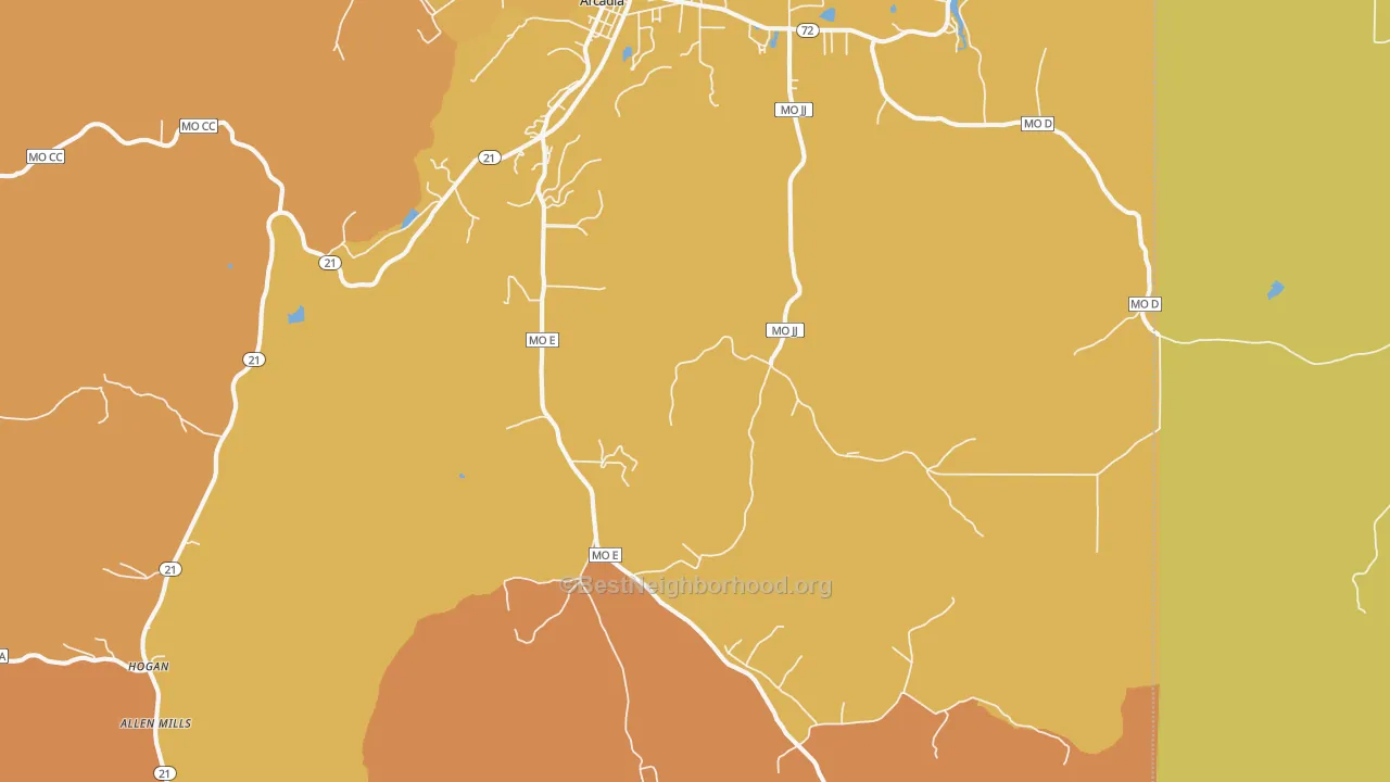 Map of the best neighborhoods in the 63621 area, with better matches in green and worse matches in red