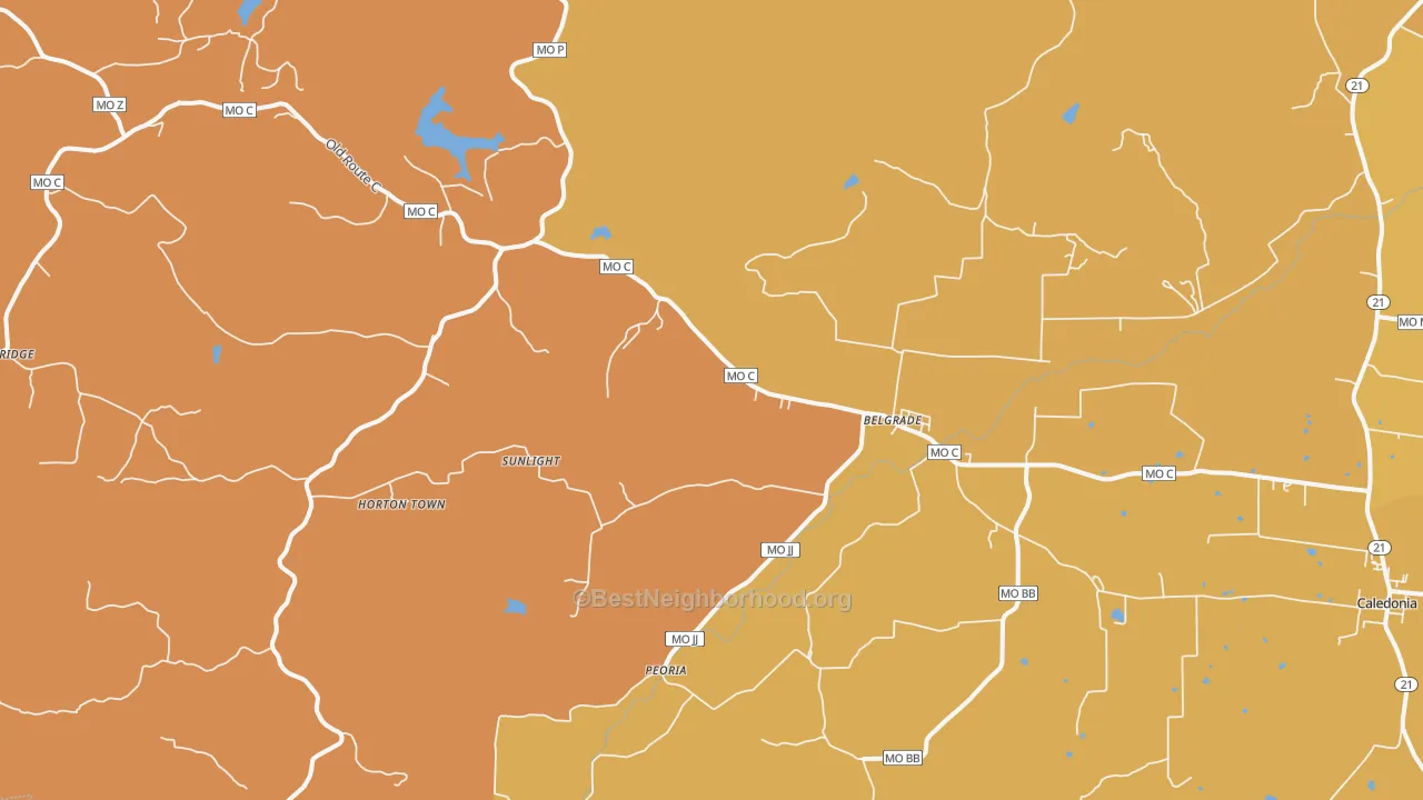 Map of the best neighborhoods in the 63622 area, with better matches in green and worse matches in red