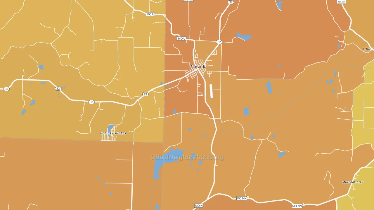 Map of the best neighborhoods in the 63624 area, with better matches in green and worse matches in red