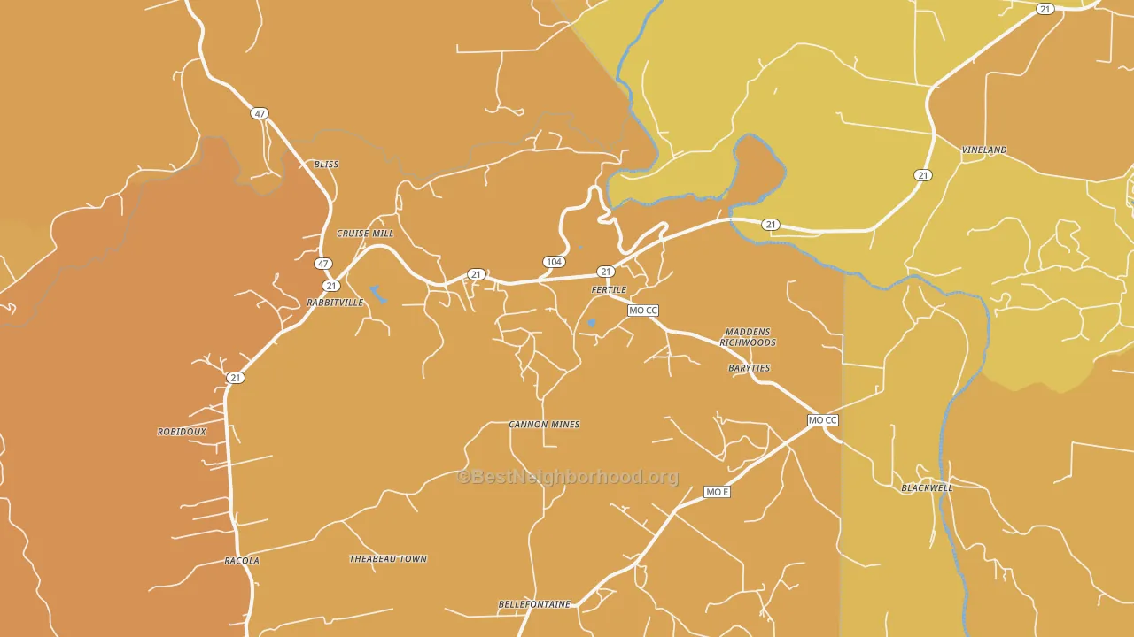 Map of the best neighborhoods in the 63626 area, with better matches in green and worse matches in red