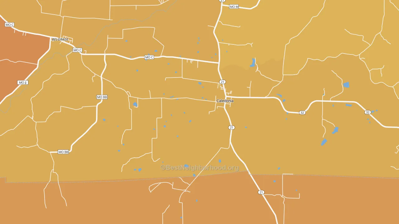 Map of the best neighborhoods in the 63631 area, with better matches in green and worse matches in red