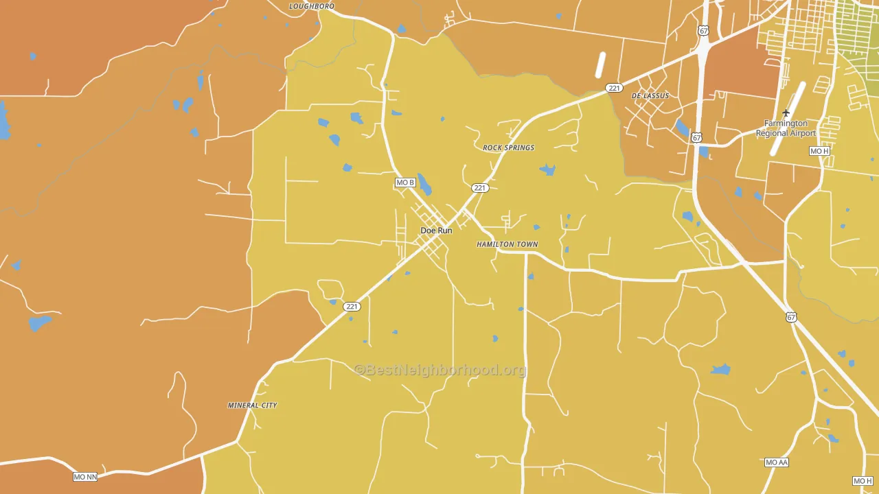 Map of the best neighborhoods in the 63637 area, with better matches in green and worse matches in red