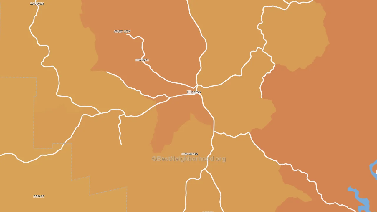 Map of the best neighborhoods in the 63638 area, with better matches in green and worse matches in red