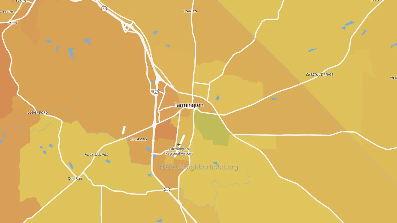 Map of the best neighborhoods in the 63640 area, with better matches in green and worse matches in red