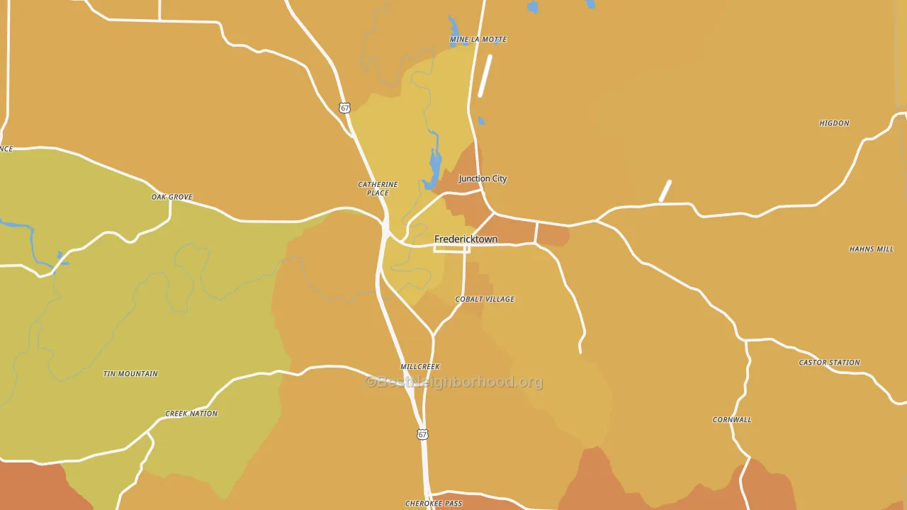 Map of the best neighborhoods in the 63645 area, with better matches in green and worse matches in red